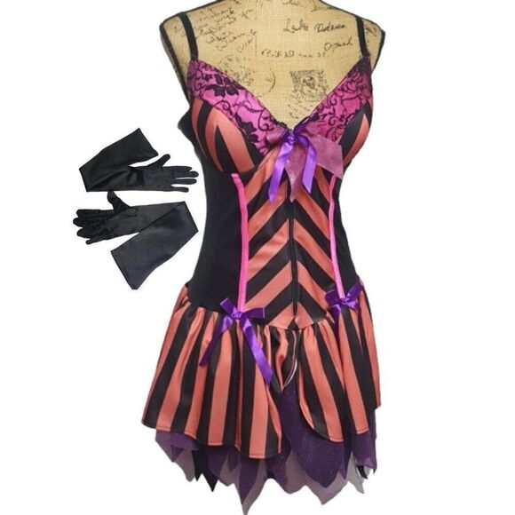 Women's Halloween Witch Costume Corset Dress & Gloves Set With Purple Bows XL - Picture 1 of 9